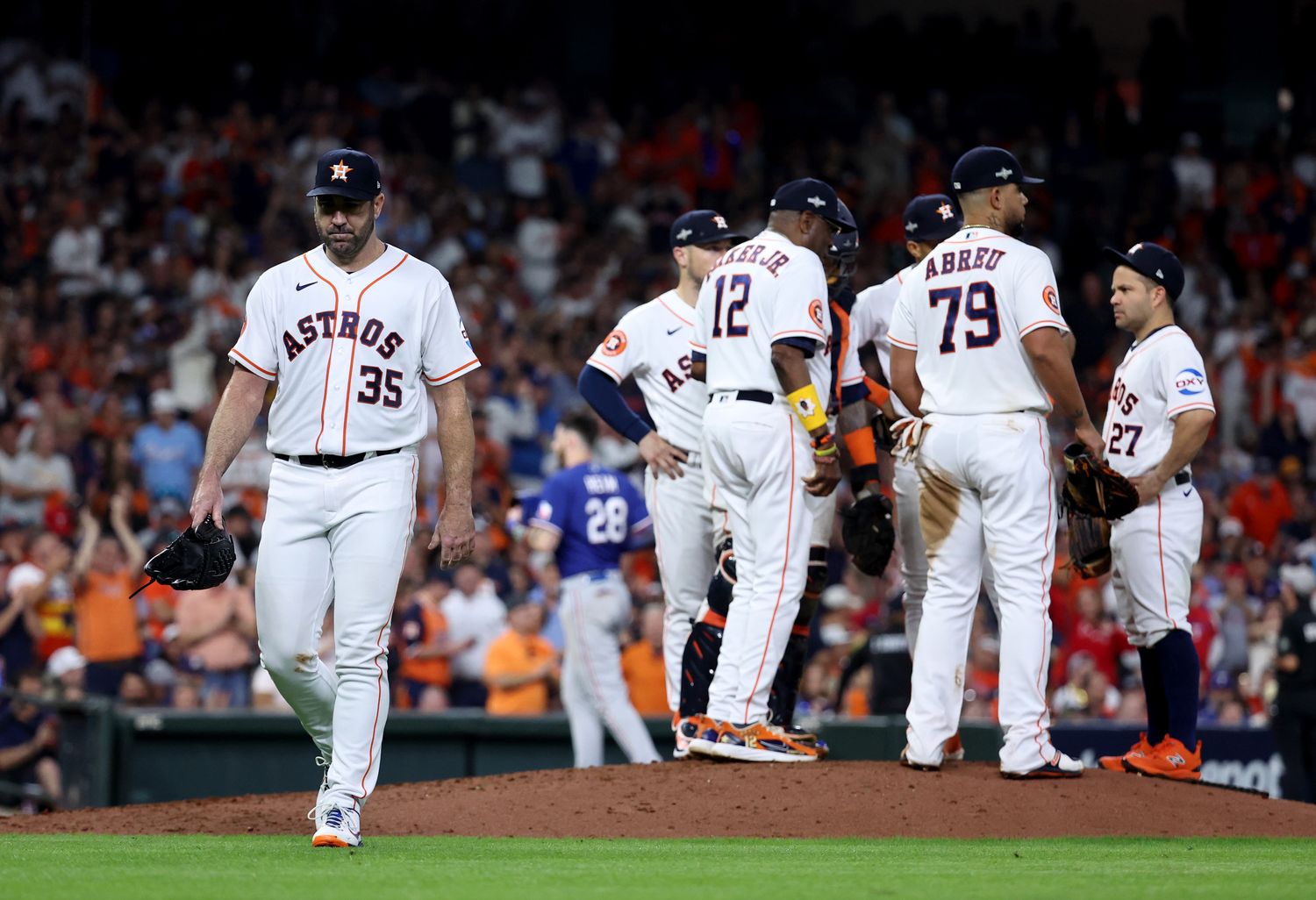 Oct 15, 2023; Houston, Texas, USA; Houston Astros pitcher Justin Verlander (35) is taken out of the game by manager Dusty Baker during the sixth inning of game one of the ALCS against the Texas Rangers in the 2023 MLB playoffs at Minute Maid Park. Mandatory Credit: Troy Taormina-USA TODAY Sports